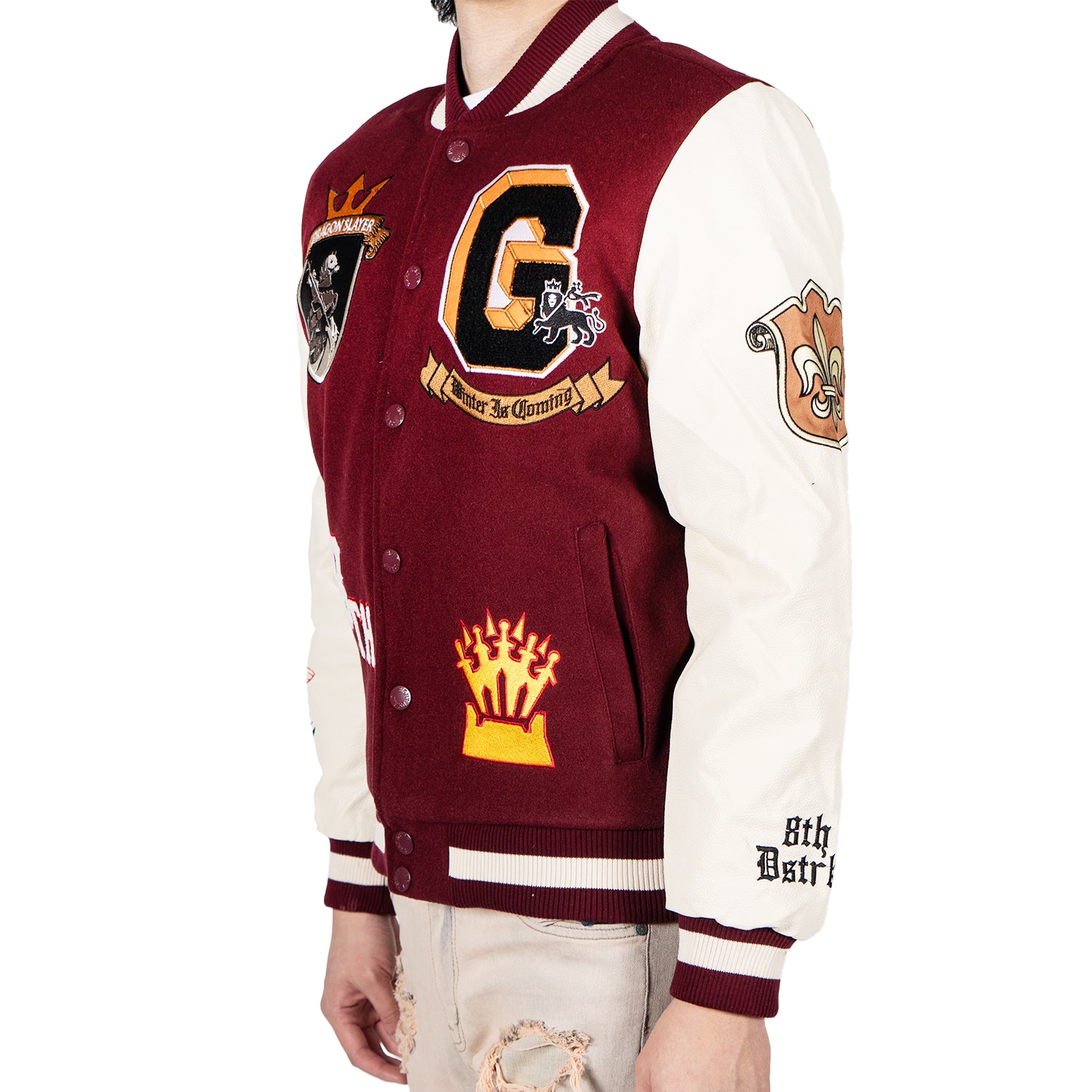 Men's Royal Throne Dragon Slayer Varsity Bomber Jacket | Burgundy