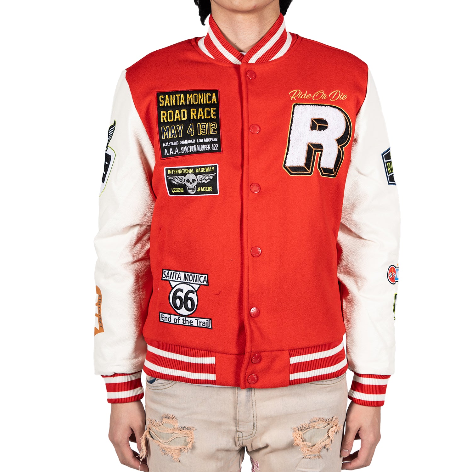 Men's Ride or Die Road Race Varsity Letterman Jacket | Red