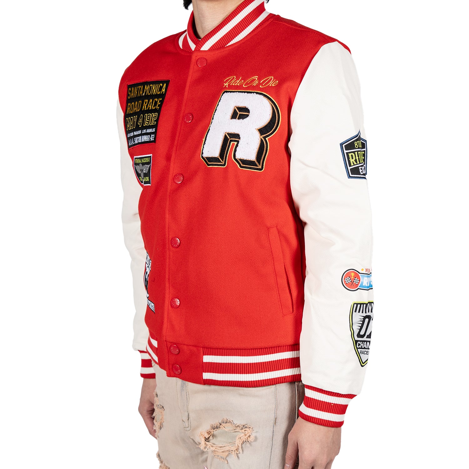 Men's Ride or Die Road Race Varsity Letterman Jacket | Red