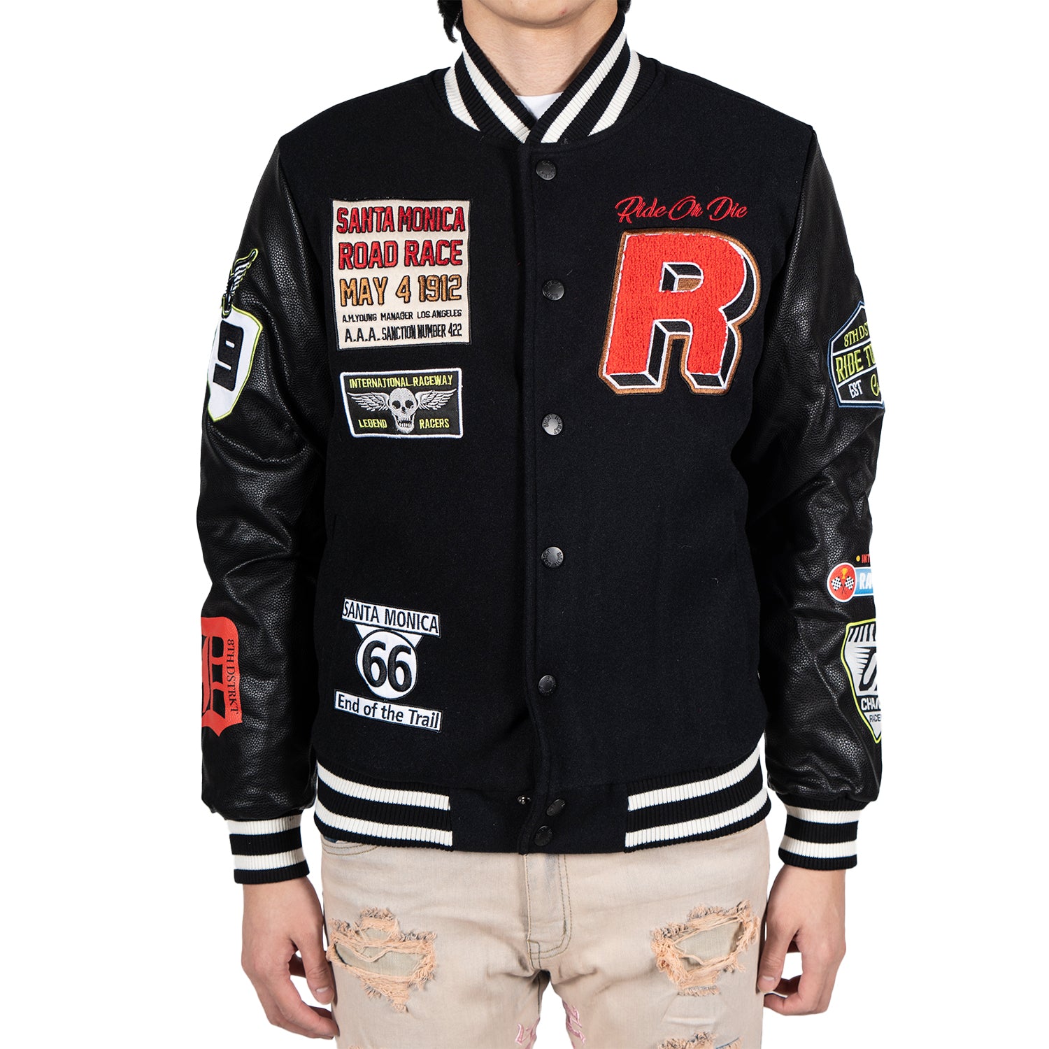 Men's Ride or Die Road Race Varsity Letterman Jacket | Black