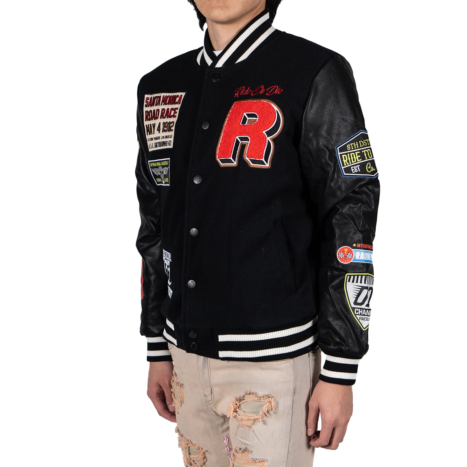 Men's Ride or Die Road Race Varsity Letterman Jacket | Black