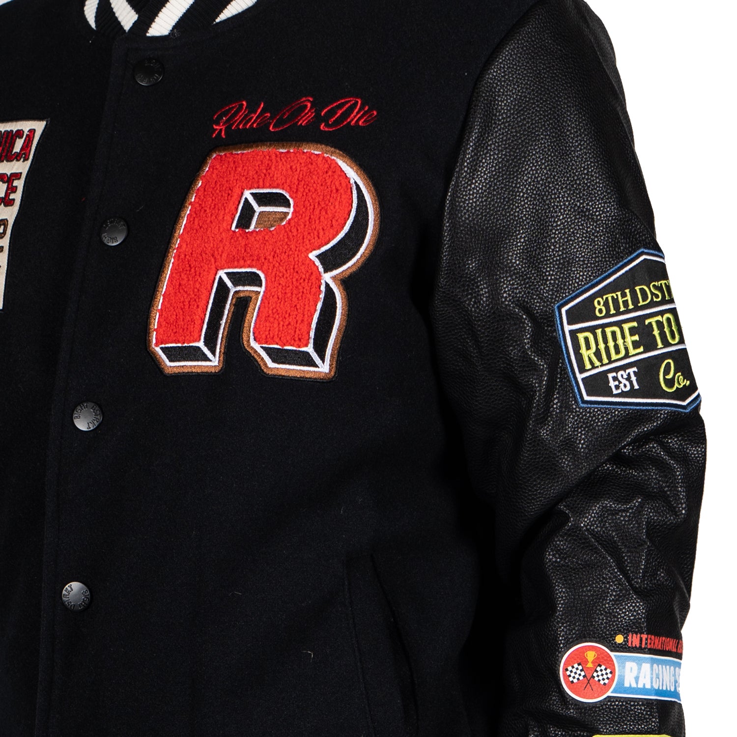 Men's Ride or Die Road Race Varsity Letterman Jacket | Black