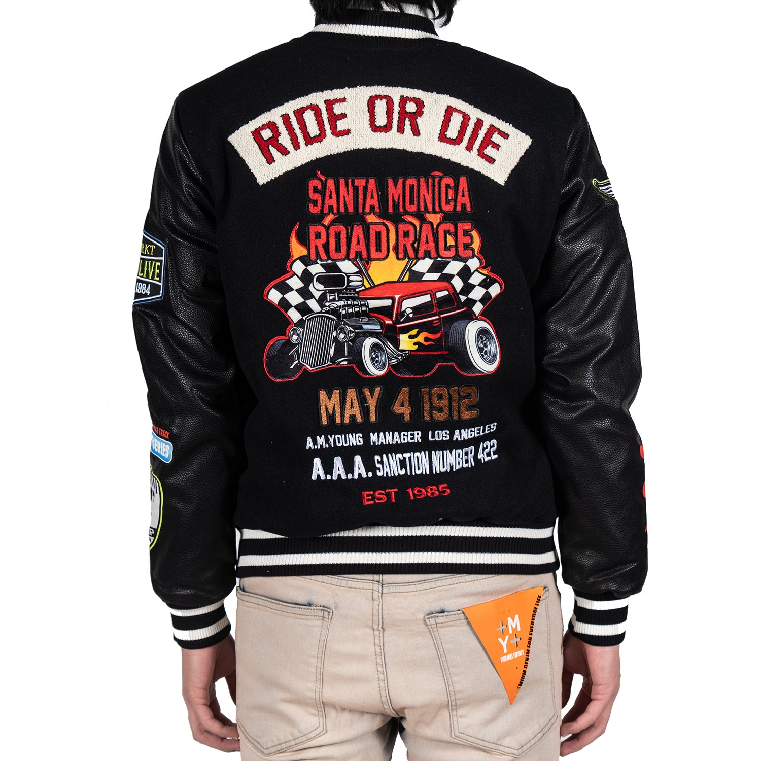 Men's Ride or Die Road Race Varsity Letterman Jacket | Black