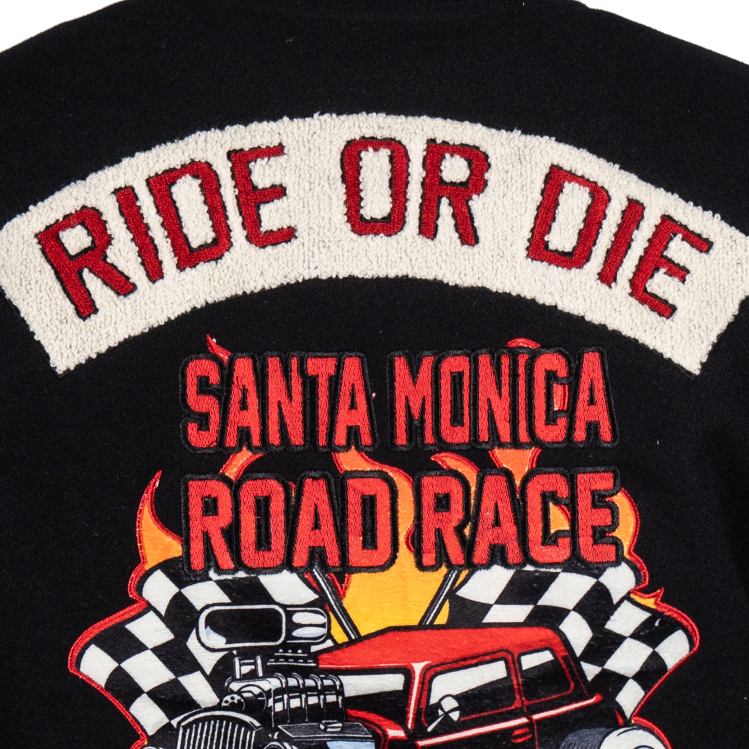 Men's Ride or Die Road Race Varsity Letterman Jacket | Black