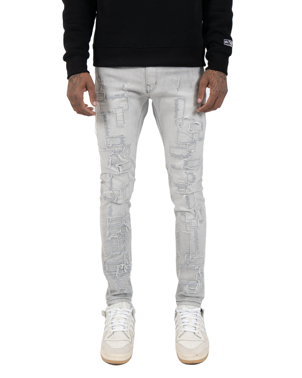 ARCHER | Geometric Patchwork Skinny Jeans in Gray Wash