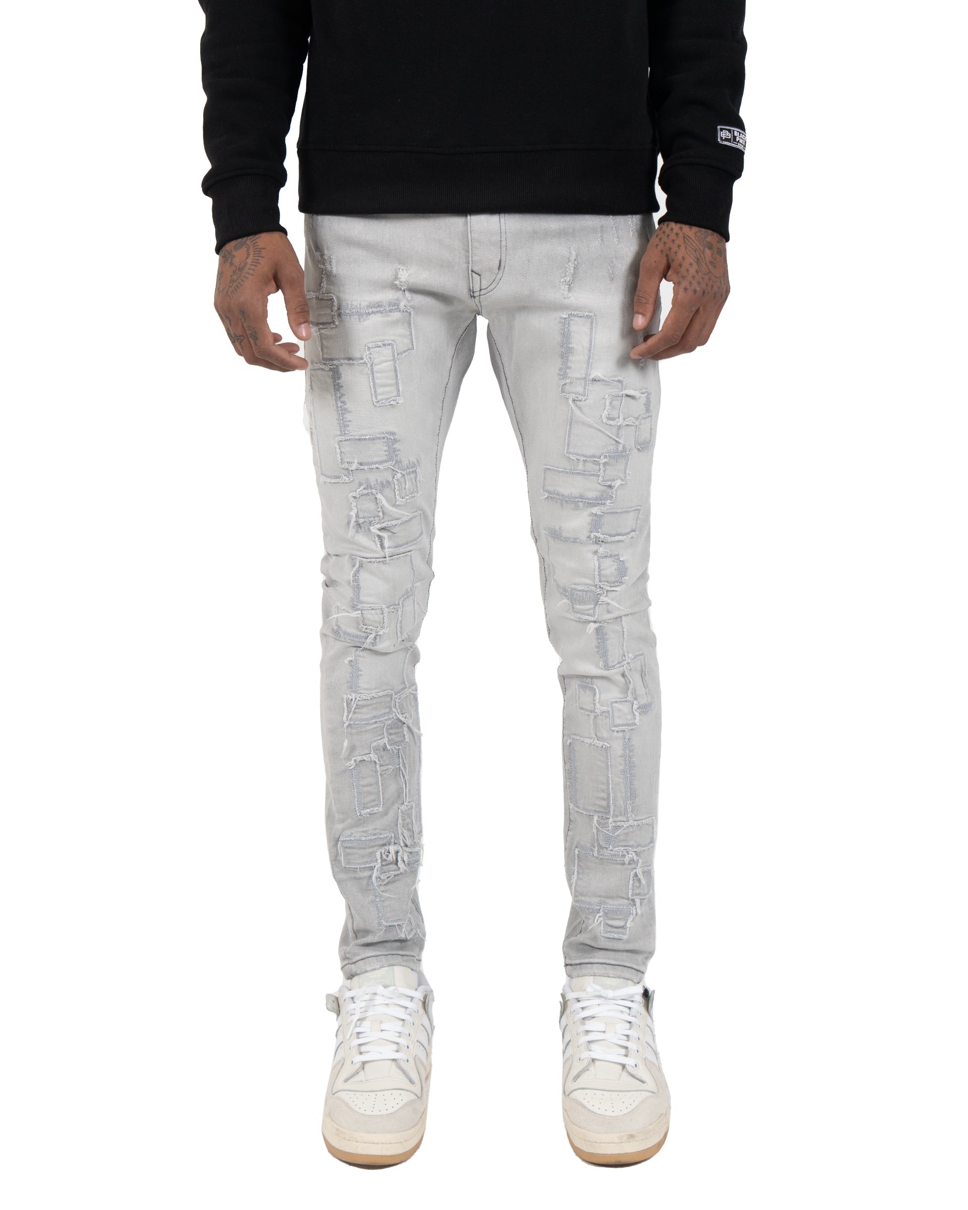 ARCHER | Geometric Patchwork Skinny Jeans in Gray Wash