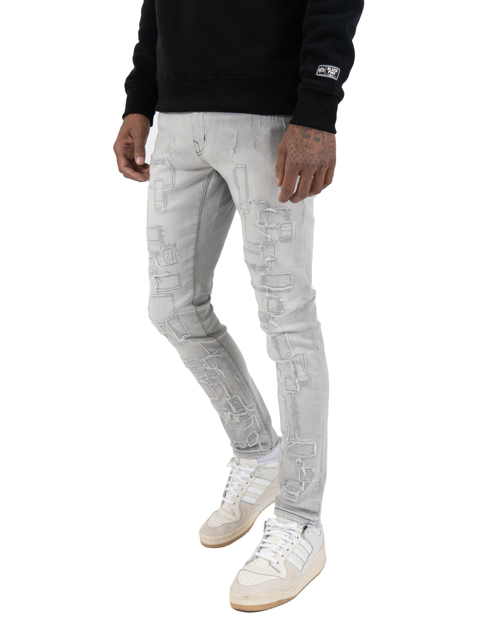 ARCHER | Geometric Patchwork Skinny Jeans in Gray Wash