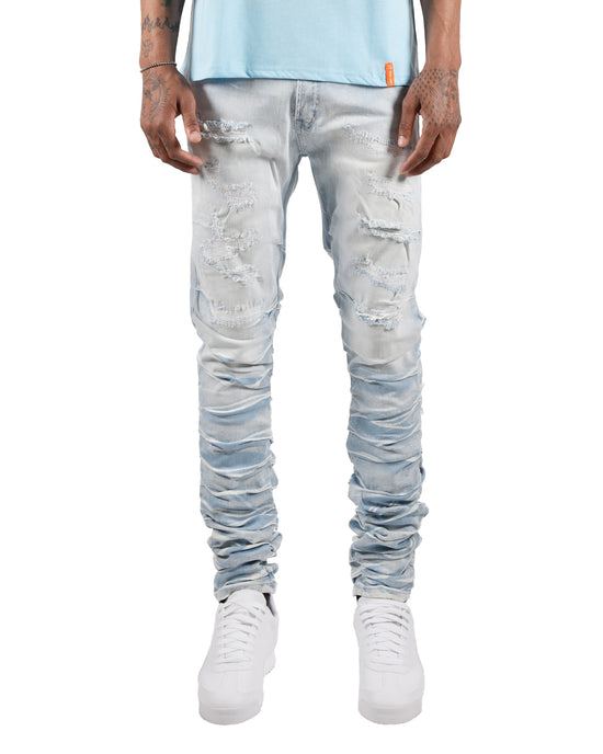 MONROE | Skinny Fit Distressed Ruched Denim Jeans in Light Blue
