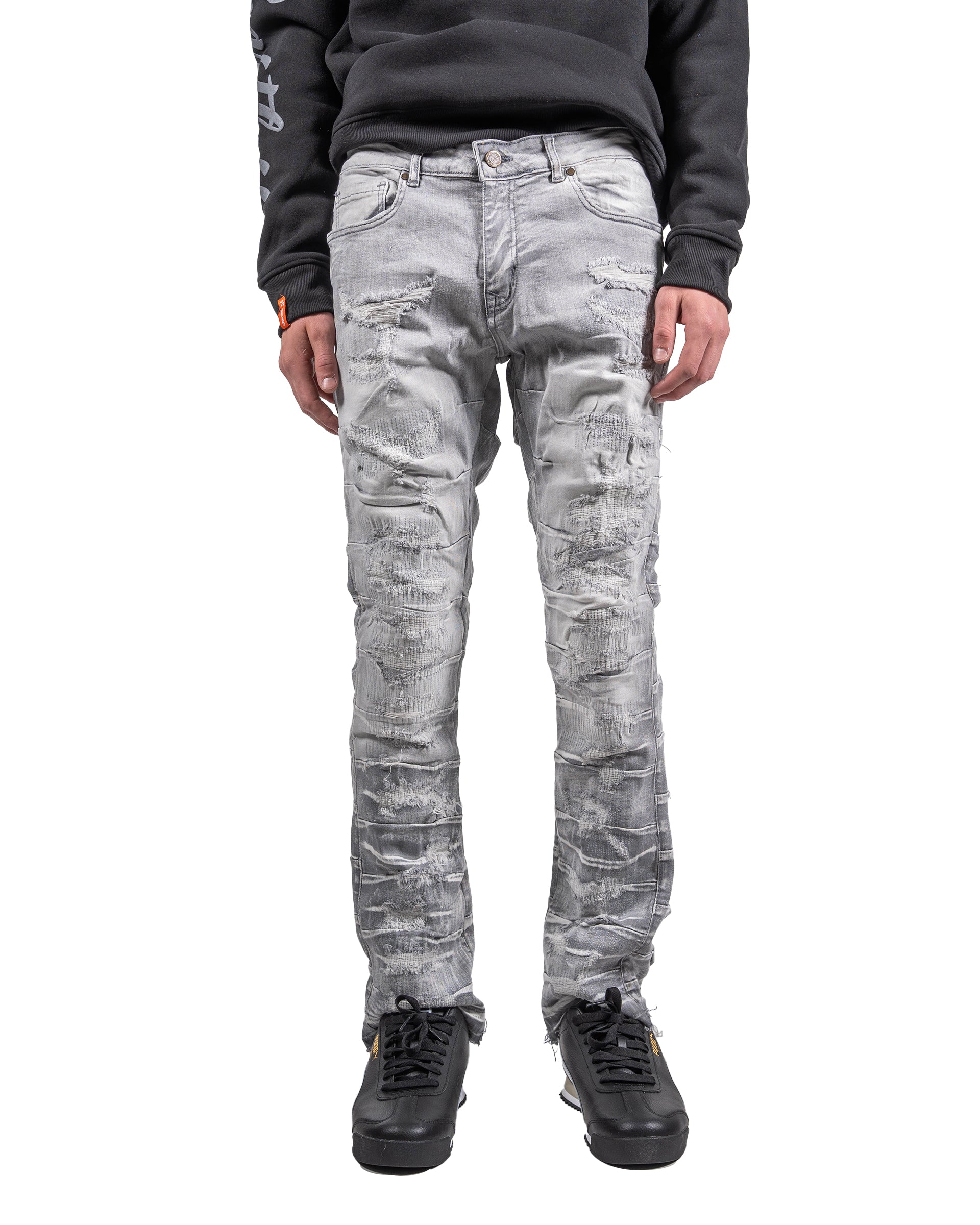 Distressed Pleat Leg Skinny Jeans in Grey