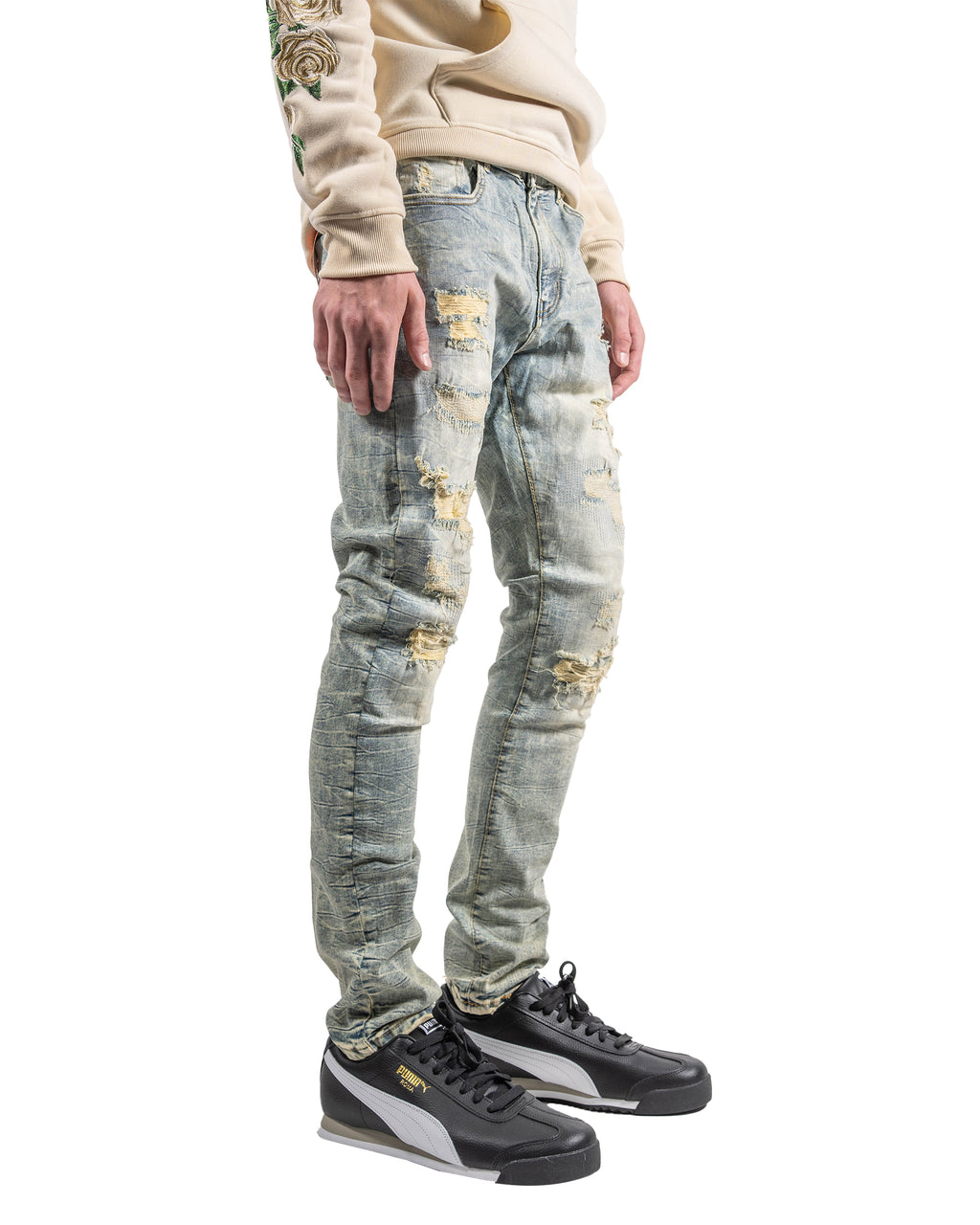 Aged Two-Tone Skinny Jeans in Vintage Blue