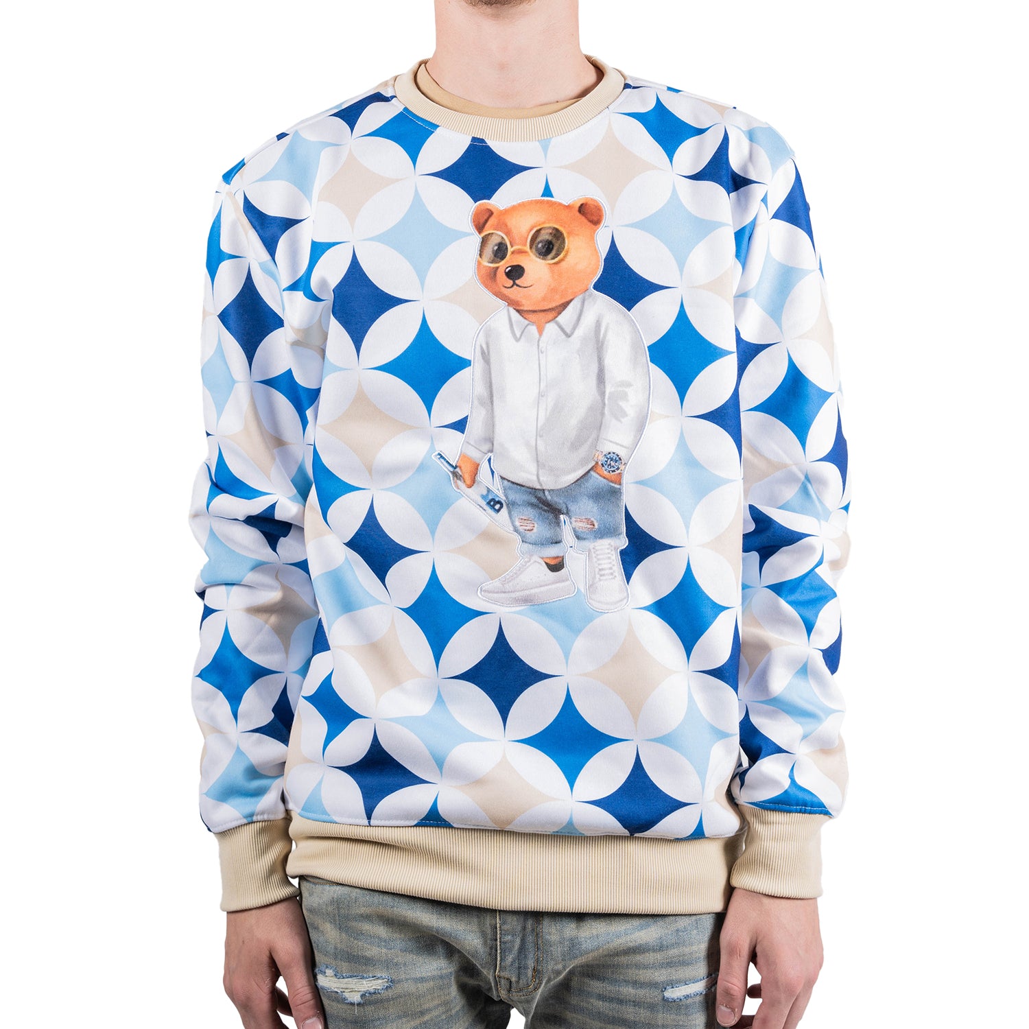 Men's Hip Hop Teddy Bear Retro Diamond Sweatshirt | Blue