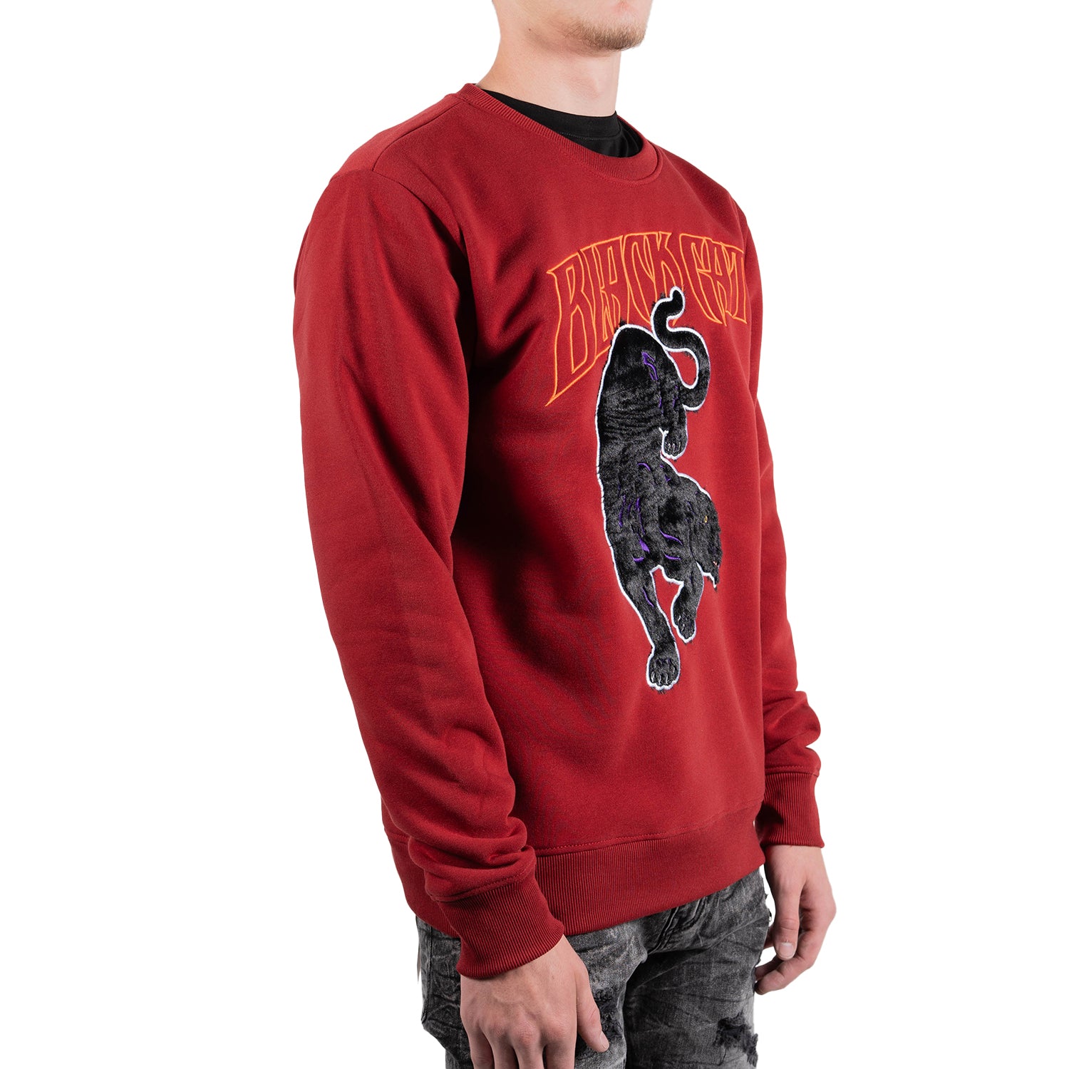 Men's Black Cat Panther Crewneck Sweatshirt | Burgundy