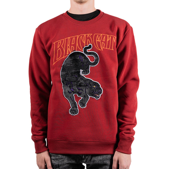 Men's Black Cat Panther Crewneck Sweatshirt | Burgundy