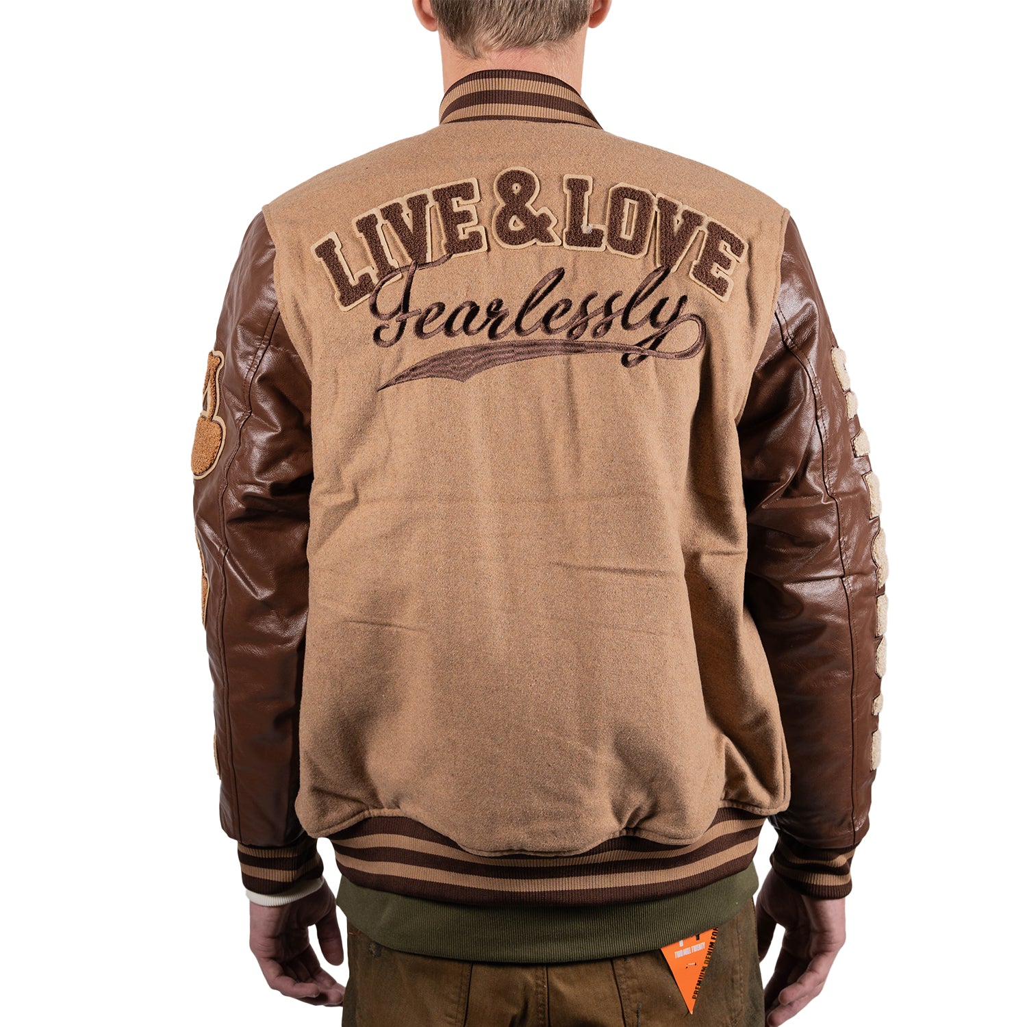 Men's Live & Love Varsity Bomber Jacket | Caramel
