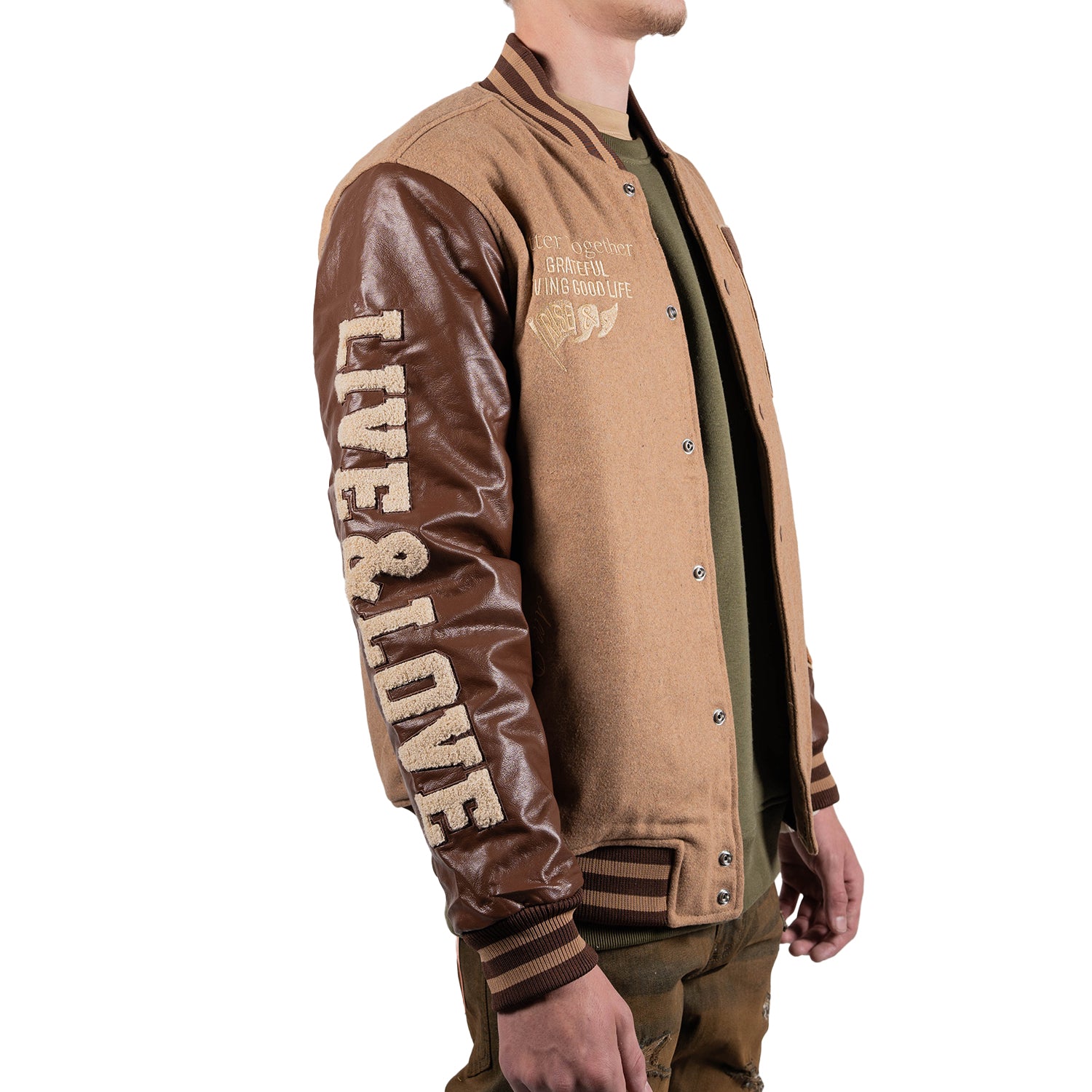 Men's Live & Love Varsity Bomber Jacket | Caramel