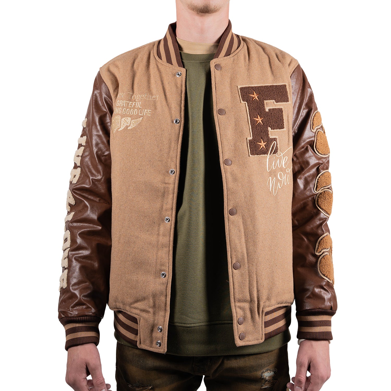 Men's Live & Love Varsity Bomber Jacket | Caramel