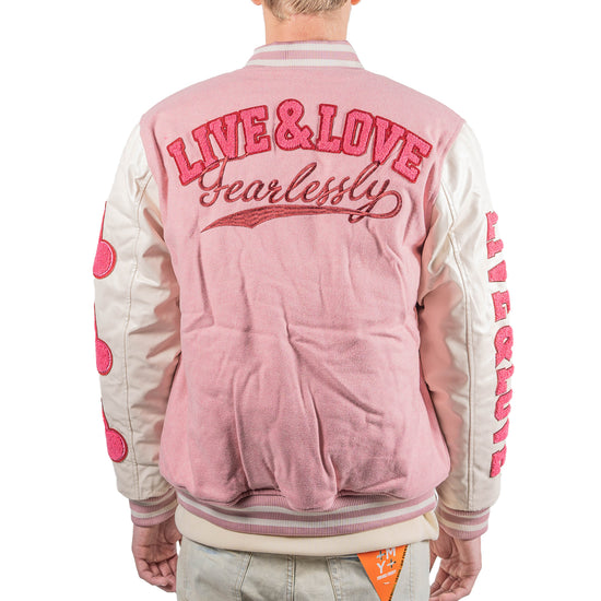 Men's Live & Love Varsity Bomber Jacket | Pink