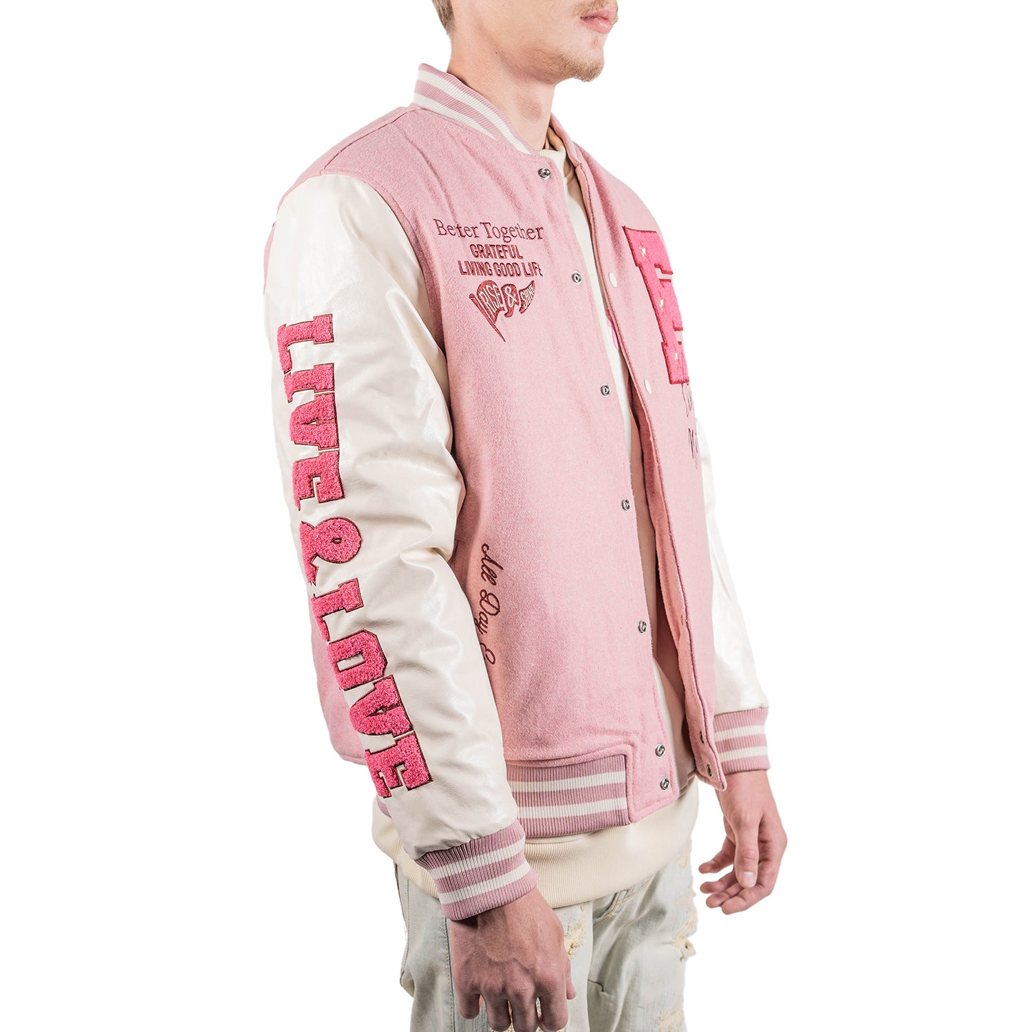 Men's Live & Love Varsity Bomber Jacket | Pink