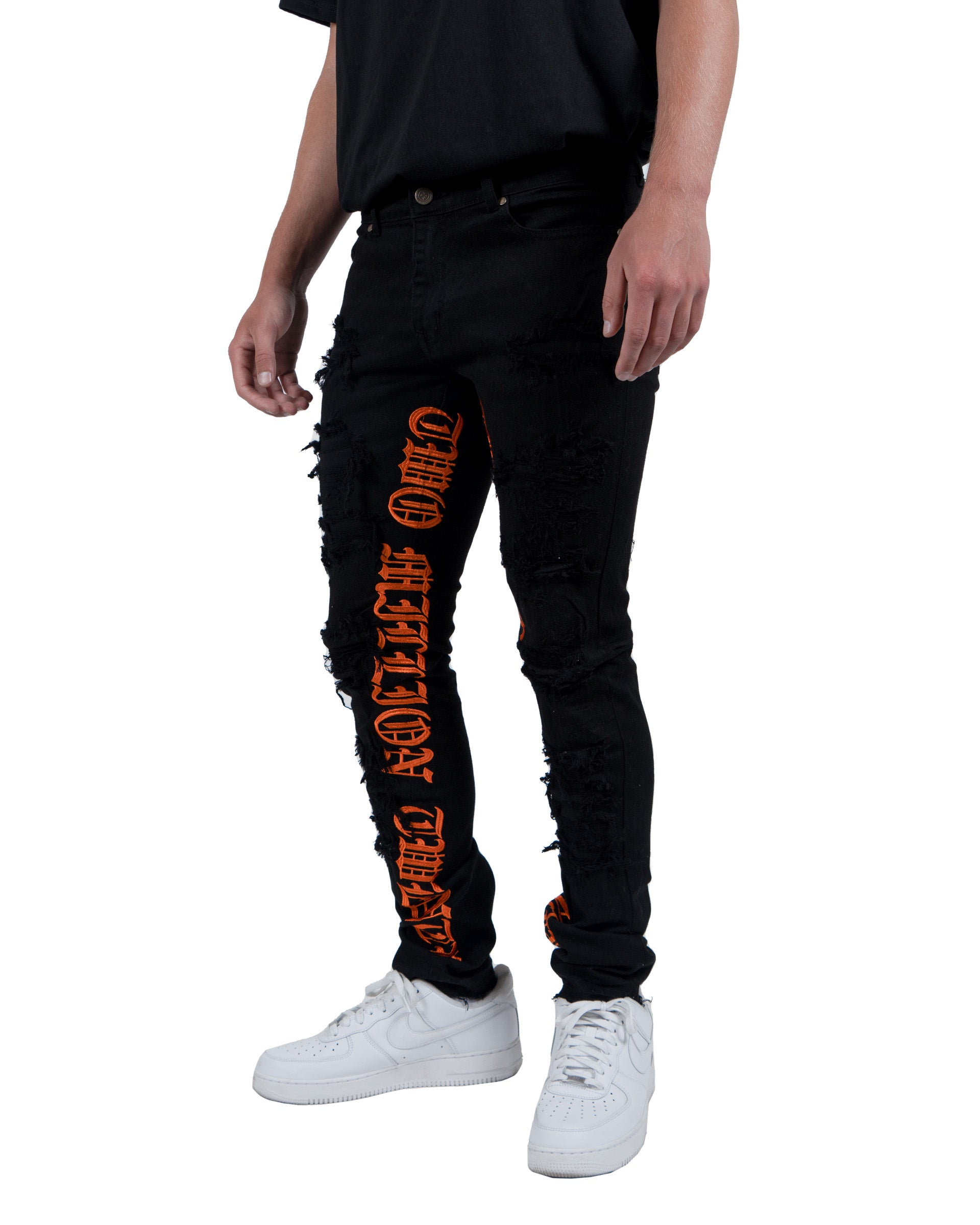 BOSWORTH | Script Embroidered Skinny Denim Jeans in Black