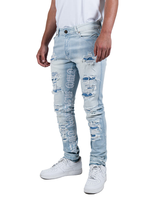 BOSWORTH | Script Embroidered Skinny Denim Jeans in Light Wash