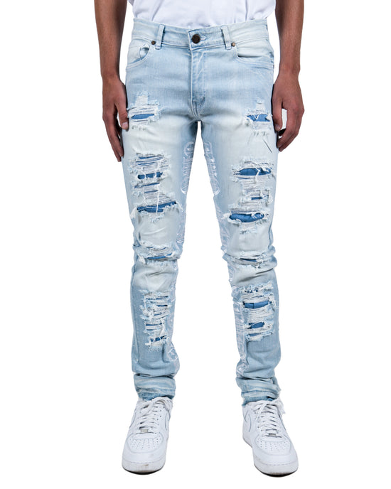 BOSWORTH | Script Embroidered Skinny Denim Jeans in Light Wash