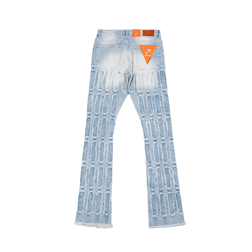 Men's Grid-Distressed Rhinestone Flare Jeans | Light Blue