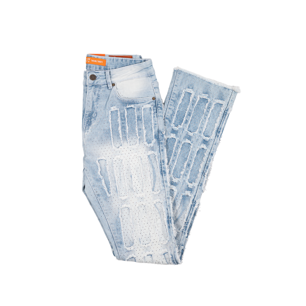 Men's Grid-Distressed Rhinestone Flare Jeans | Light Blue
