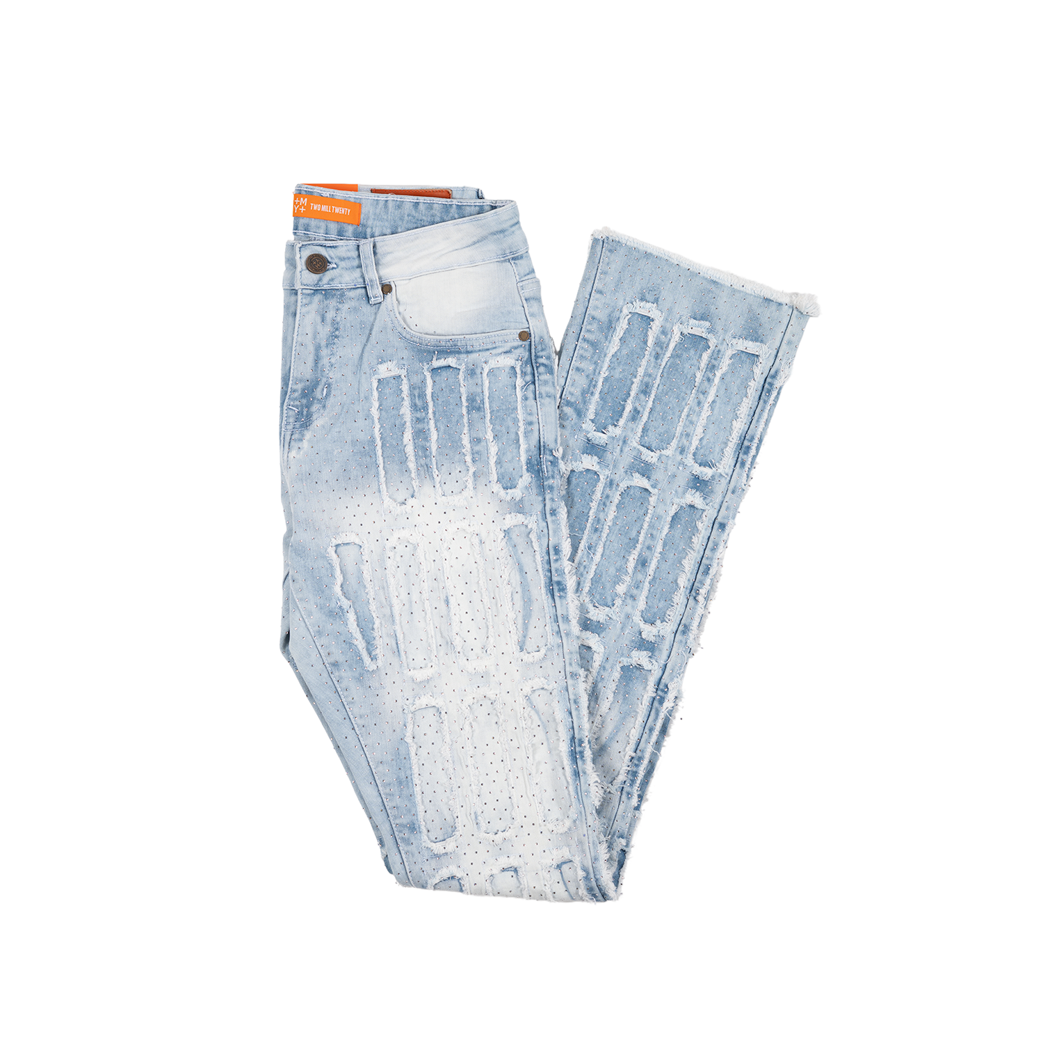 Men's Grid-Distressed Rhinestone Flare Jeans | Light Blue
