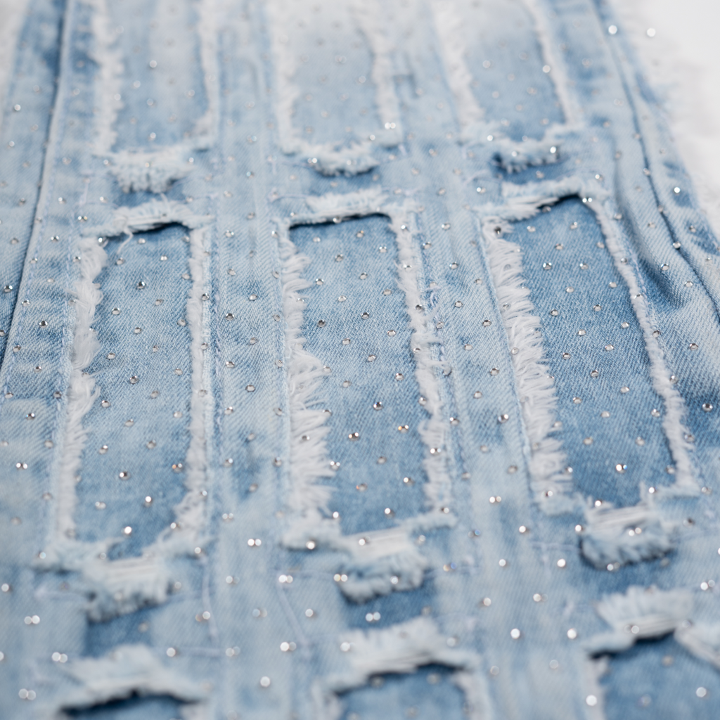 Men's Grid-Distressed Rhinestone Flare Jeans | Light Blue