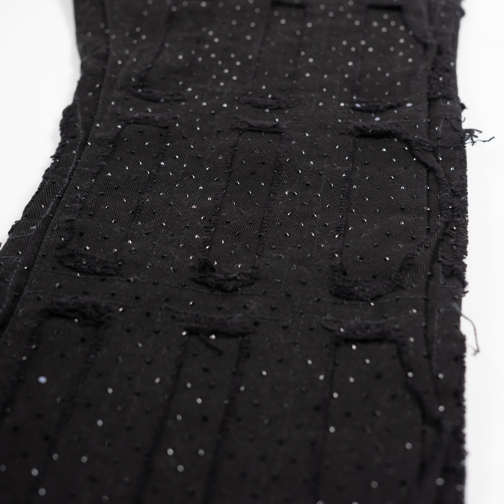 Men's Grid-Distressed Rhinestone Flare Jeans | Jet Black