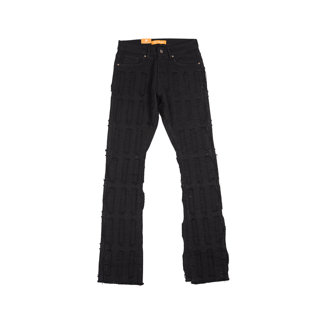Men's Grid-Distressed Rhinestone Flare Jeans | Jet Black