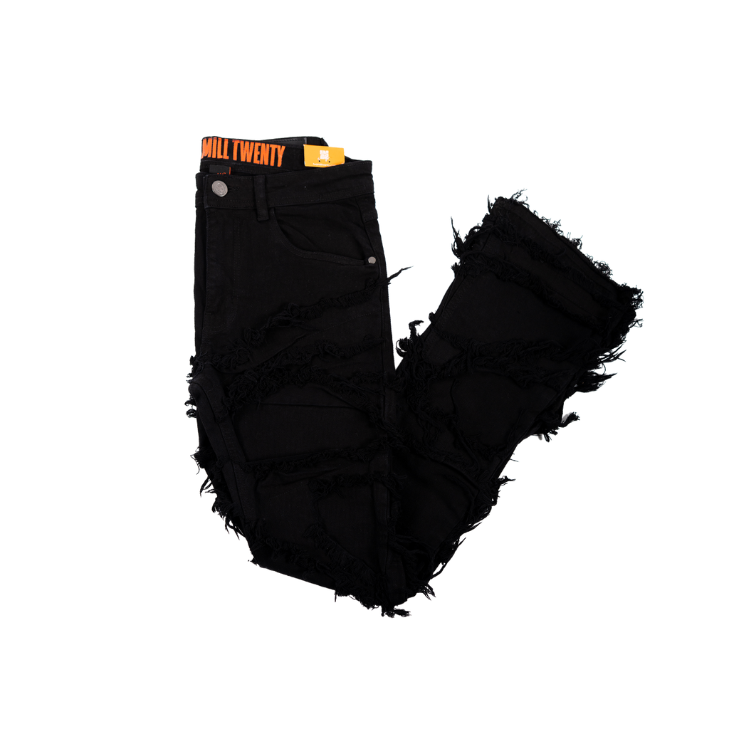 Men's Frayed Slashed Boot Cut Jeans | Jet Black