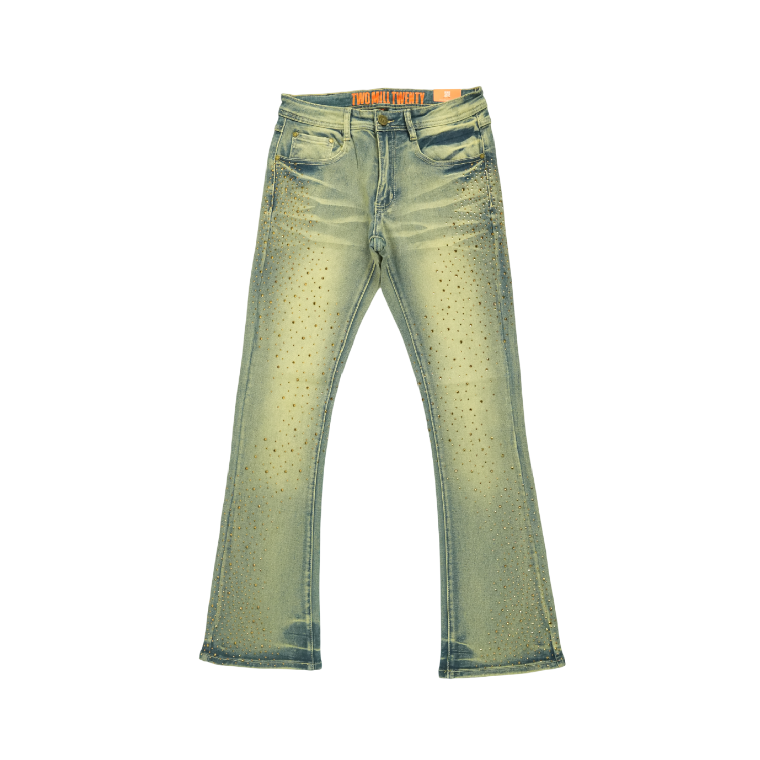 green vintage style skinny flare jeans with bronze rhinestones 
