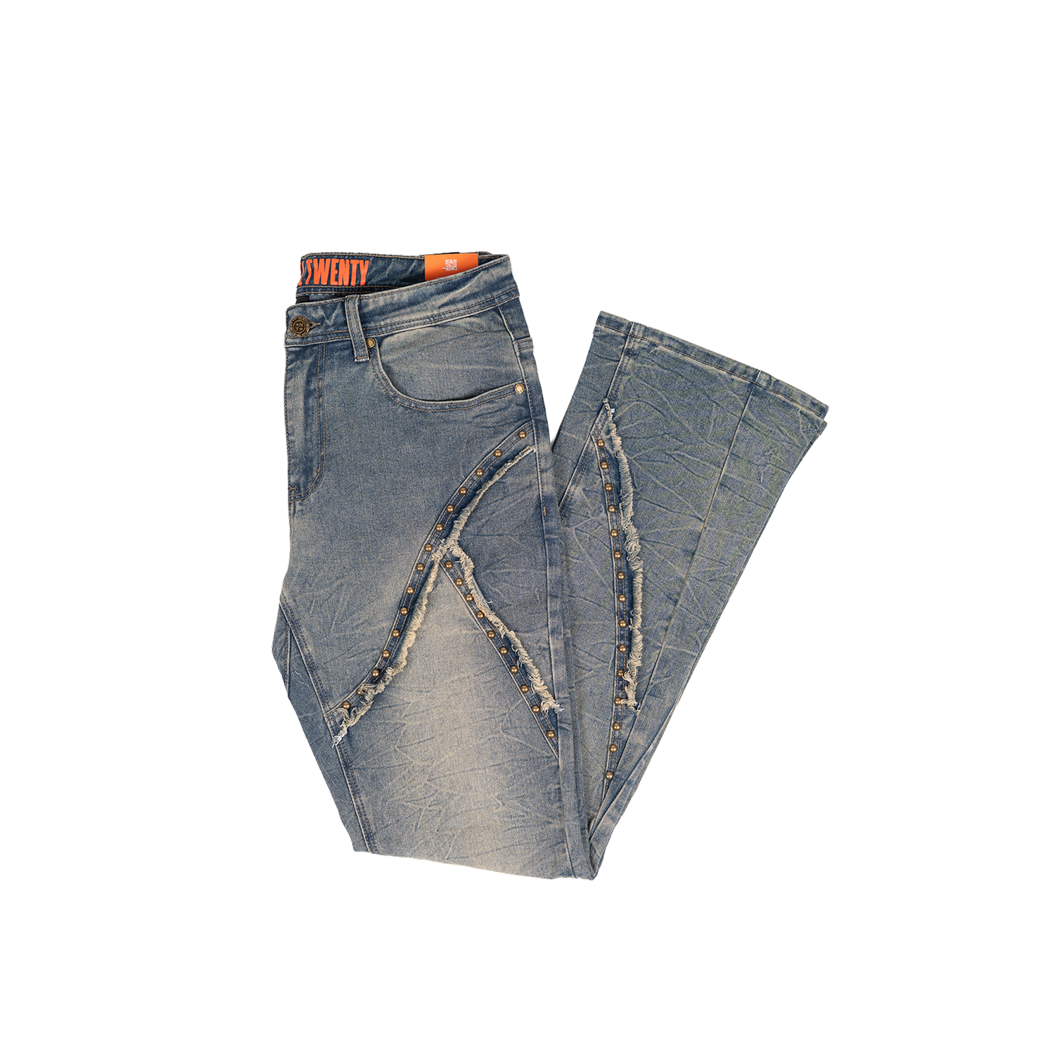 Men's Studded Frayed Seam Bootcut Jeans | Light Vintage