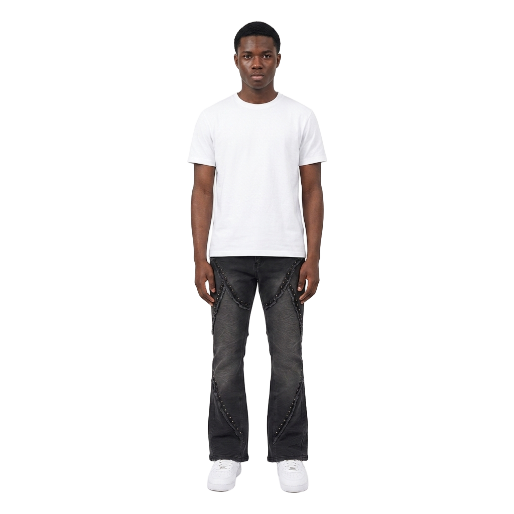 Men's Studded Frayed Seam Bootcut Jeans | Black