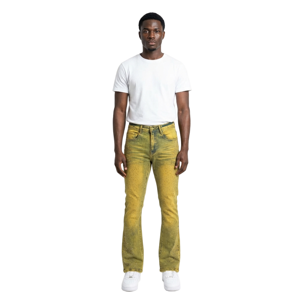 Men's Flare Leg Red Rhinestone Jeans | Antique Wash