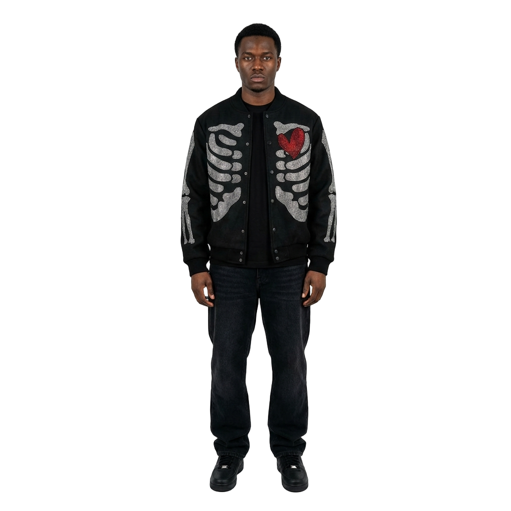 Men's Rebel Heart Rhinestone Bomber Jacket | Black