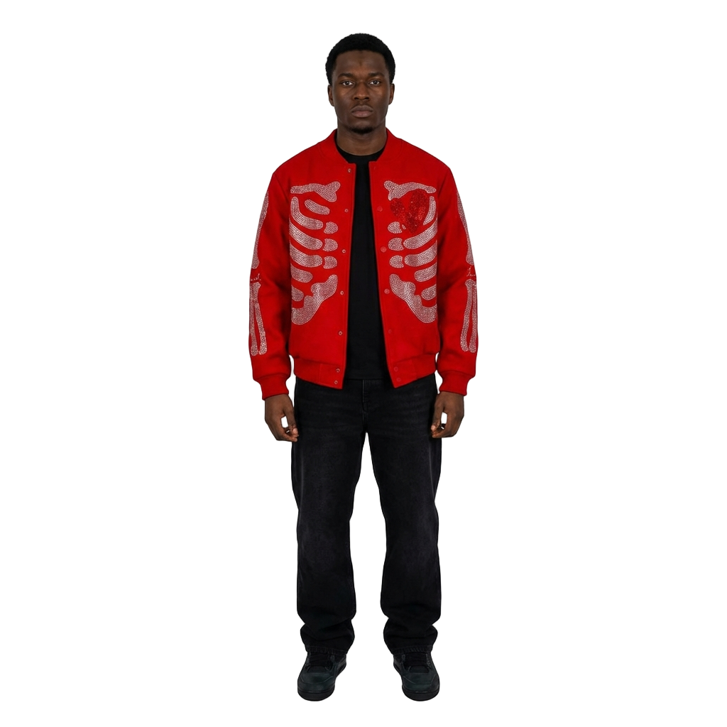 Men's Rebel Heart Rhinestone Bomber Jacket | Red