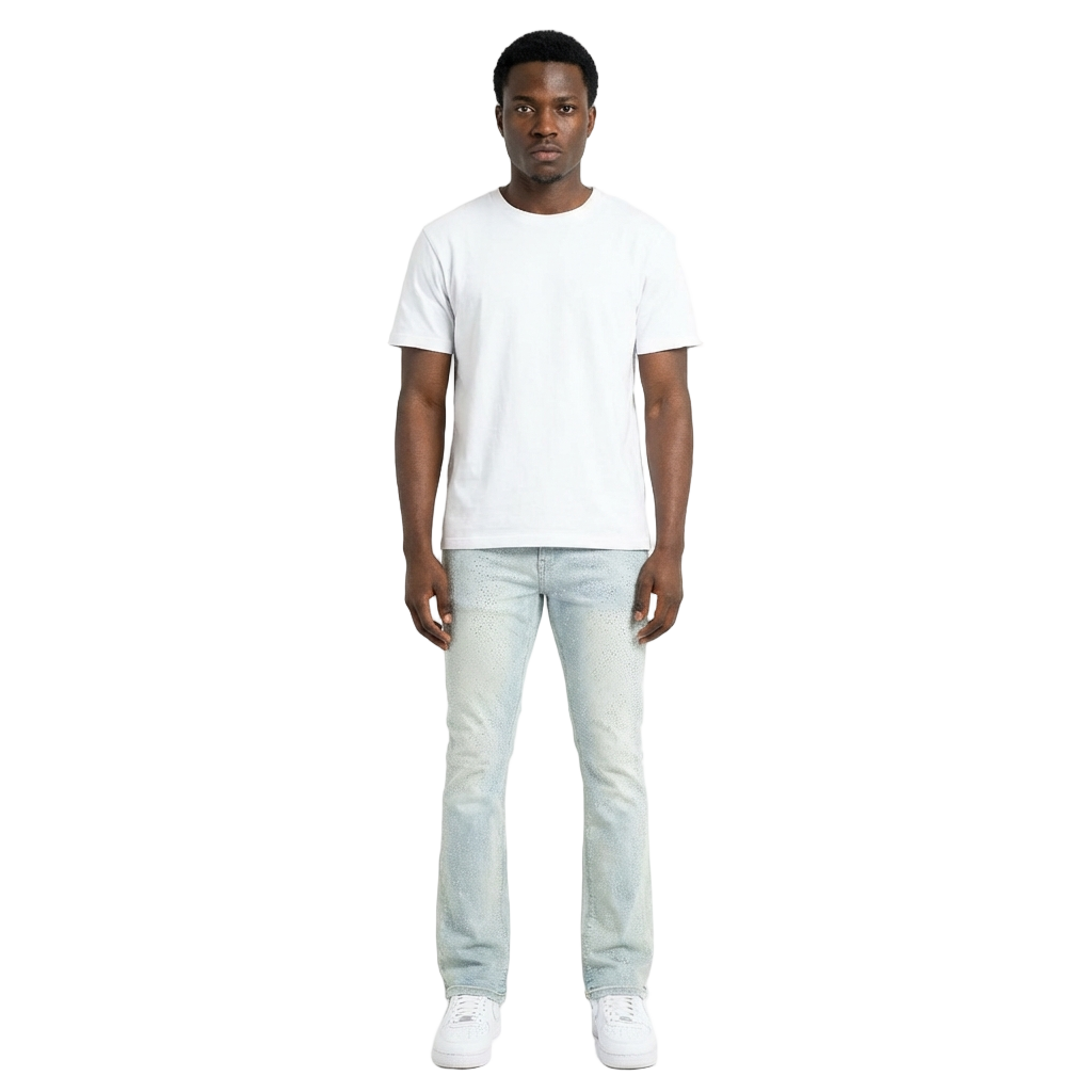 Men's Light Wash Crystal Rhinestone Straight Leg Jeans