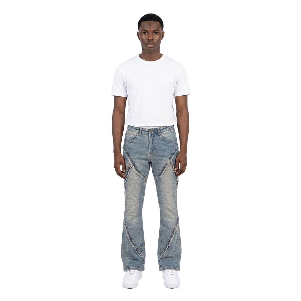 Men's Studded Frayed Seam Bootcut Jeans | Light Vintage