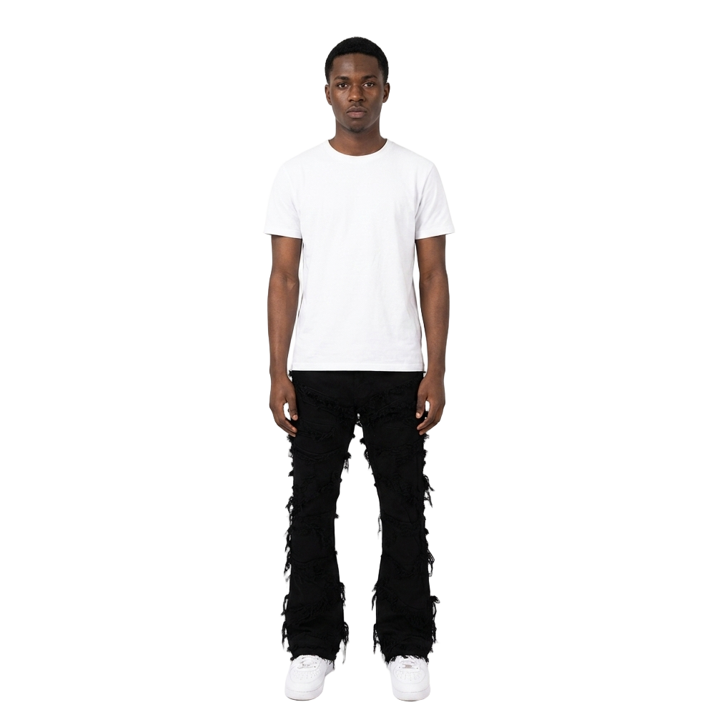 Men's Frayed Slashed Boot Cut Jeans | Jet Black