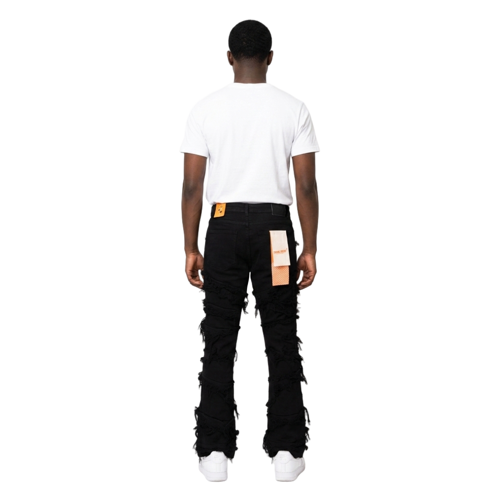 Men's Frayed Slashed Boot Cut Jeans | Jet Black
