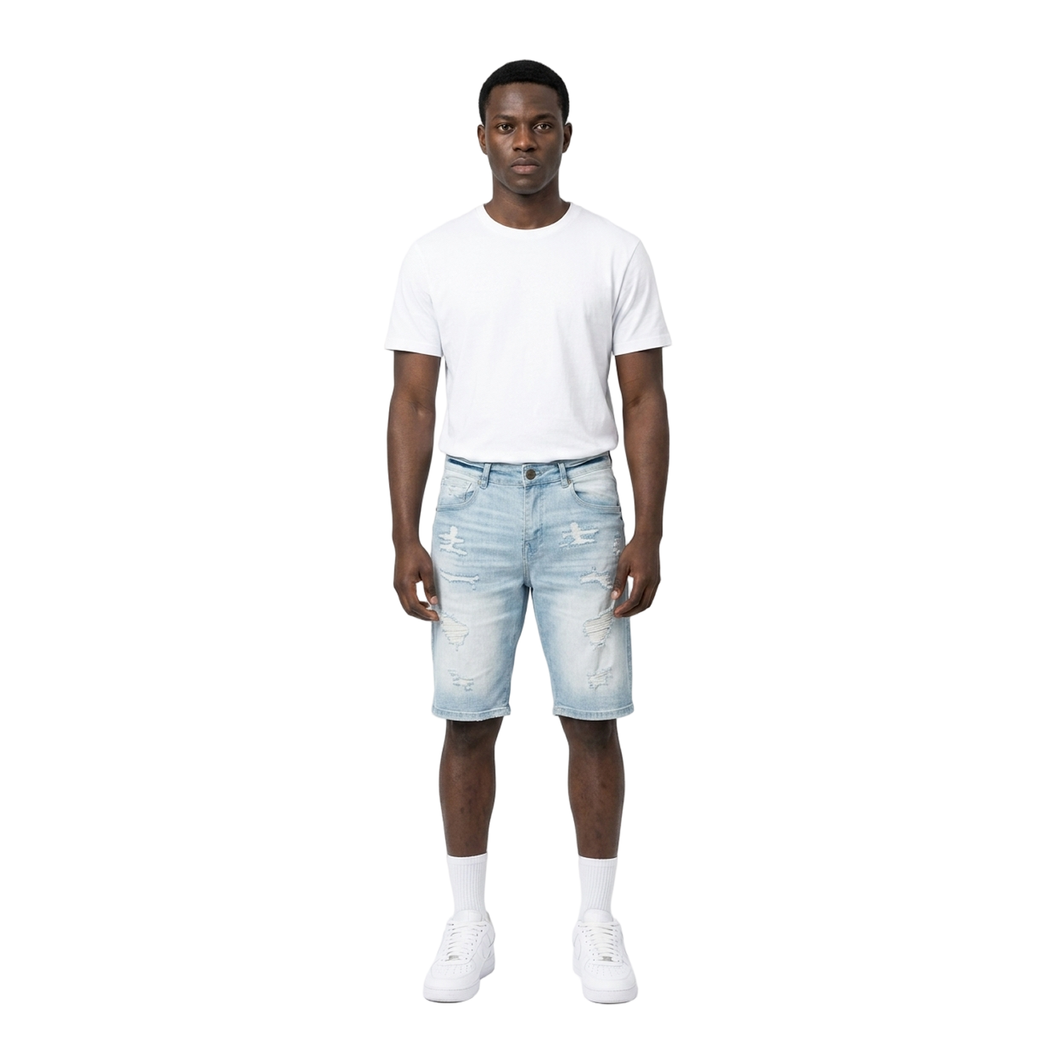 Men's Ripped Distressed Denim Jean Shorts | Light Blue