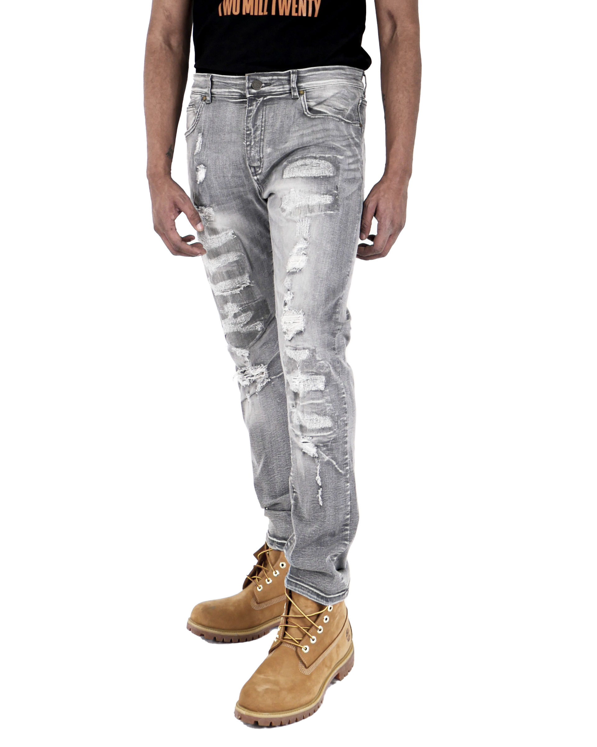 LAWRENCE | Men's Slim Fit Denim Pants Rip & Repair in Light Grey