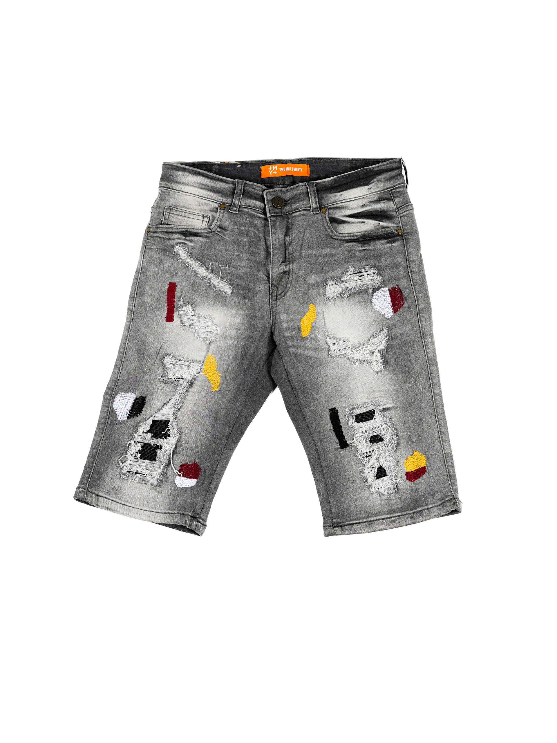 SUPERIOR | Men's Slim Fit Cutoff Knee Length Destroyed Ripped Patched Distressed Denim Jean Shorts in Grey Stone