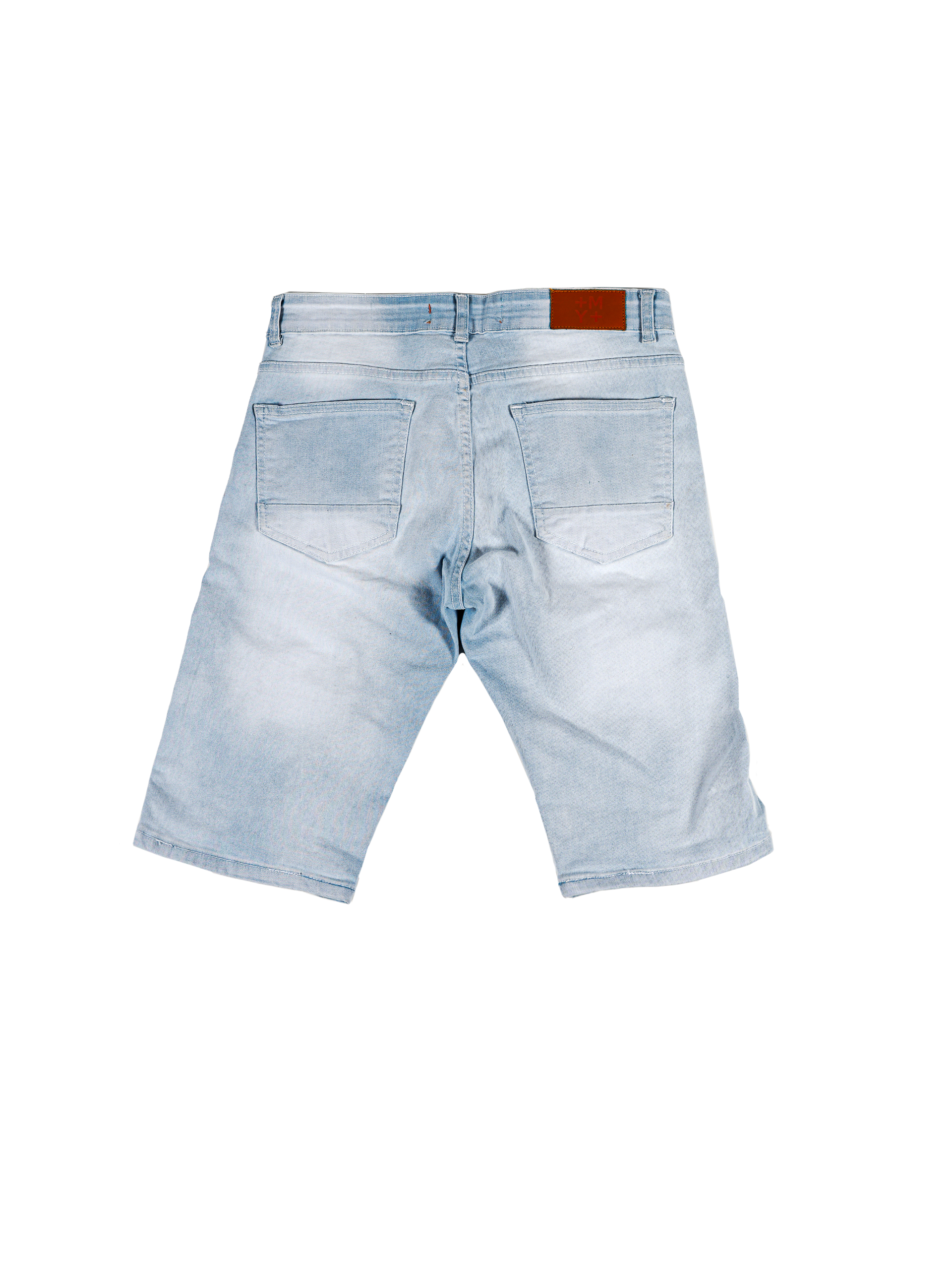 KINZIE | Men's Slim Fit Cutoff Knee Length Destroyed Ripped Patched Distressed Denim Jean Shorts in Light Blue Wash