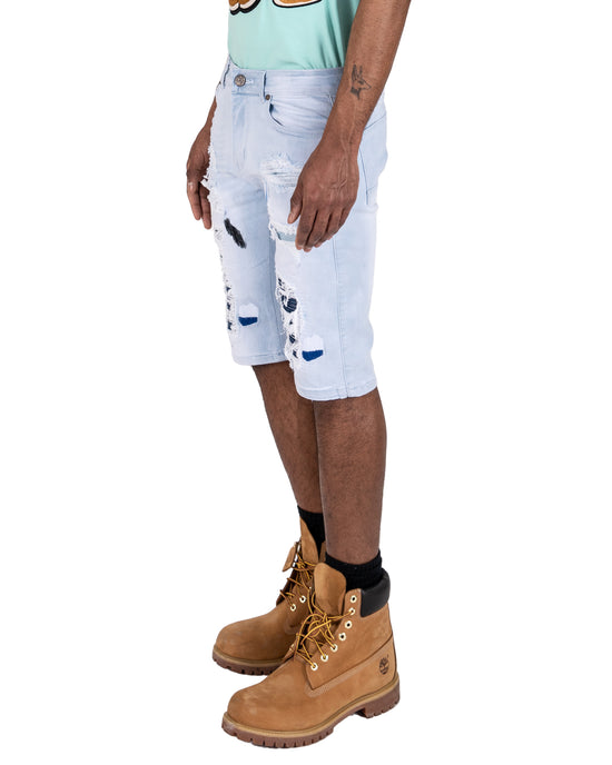 KINZIE | Men's Slim Fit Cutoff Knee Length Destroyed Ripped Patched Distressed Denim Jean Shorts in Light Blue Wash