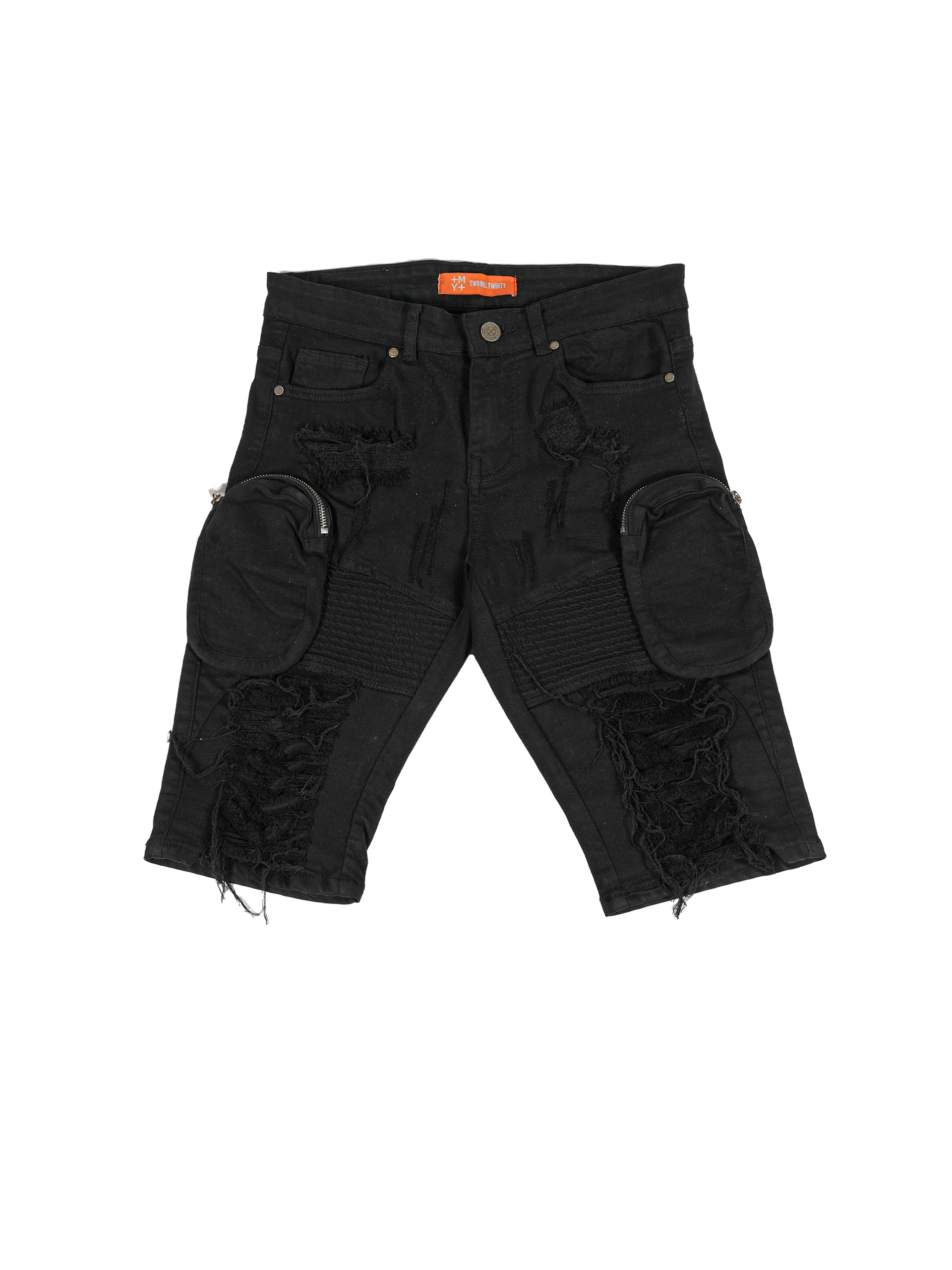 STATE | Men's Slim Fit Frayed Cutoff Destroyed Ripped Distressed Knee Length Denim Jean Shorts with Cargo Pockets in Vintage Black