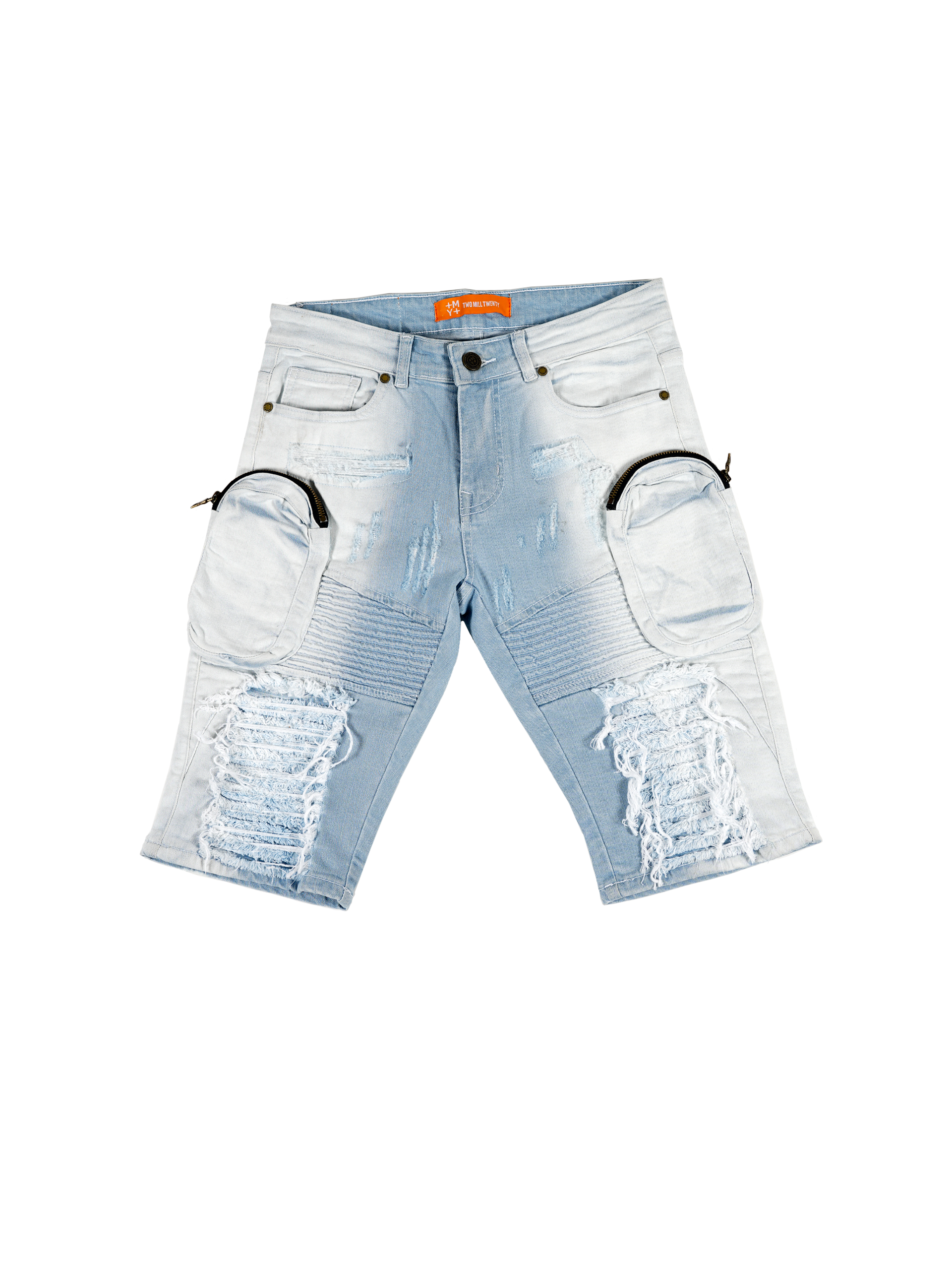 LAKE | Men's Slim Fit Frayed Cutoff Destroyed Ripped Distressed Knee Length Denim Jean Shorts with Cargo Pockets in Light Blue Wash