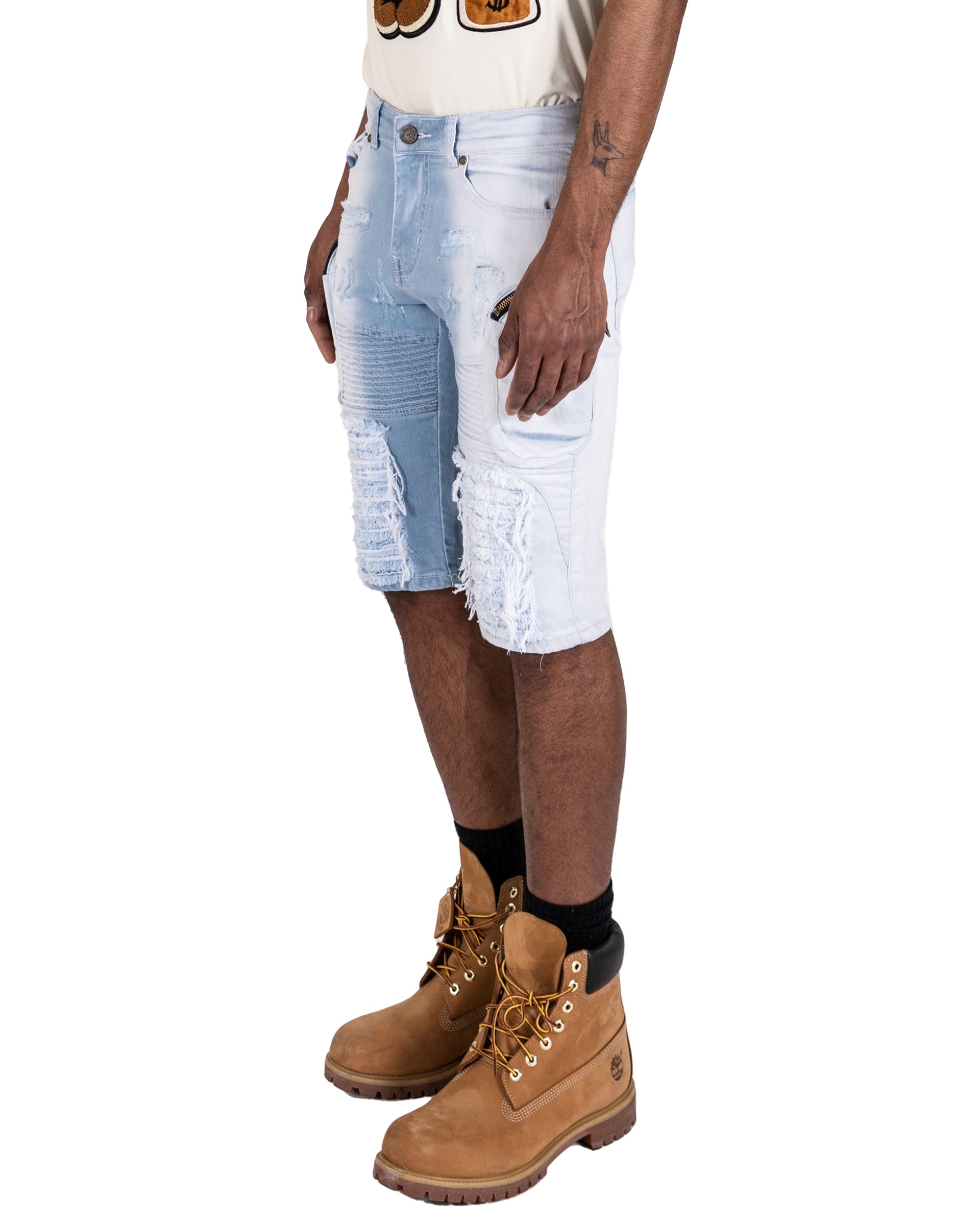 LAKE | Men's Slim Fit Frayed Cutoff Destroyed Ripped Distressed Knee Length Denim Jean Shorts with Cargo Pockets in Light Blue Wash